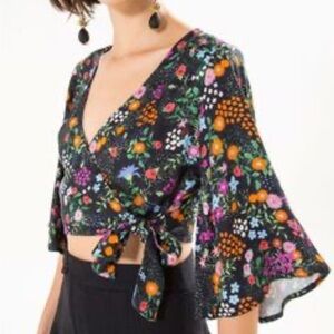 Farm Rio Floral Wrap Top - Black Multicolor size P